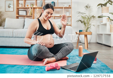 Yoga, pregnant woman and meditation with laptop, online class and video call for wellness and health. Pregnancy, pc and calm lady with zen, exercise and tutorial to relax, workout and peace in lounge 129717558