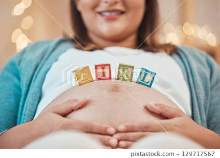 Pregnancy, mother pregnant and building blocks for child gender reveal of girl daughter. Future mom, healthy kid and prenatal woman with hands on stomach for baby love, bonding and pain relief care 129717567