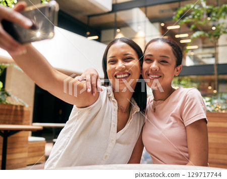 Phone, friends and women taking a selfie in restaurant for social media post, social network and memories. Friendship, smartphone and happy girls take photo enjoying quality time, freedom and weekend Phone, friends and women taking a selfie in restaurant for social media post, social network and memories. Friendship, smartphone and happy girls take photo enjoying quality time, freedom and weekend 129717744