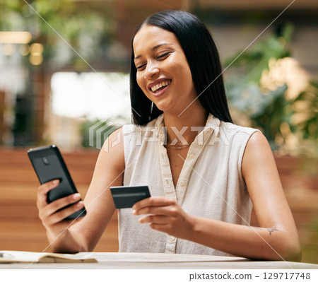 Credit card, ecommerce and woman with phone at cafe for payment, fintech and online shopping. Happy customer, coffee shop and smartphone banking, mobile app money and internet finance on technology 129717748
