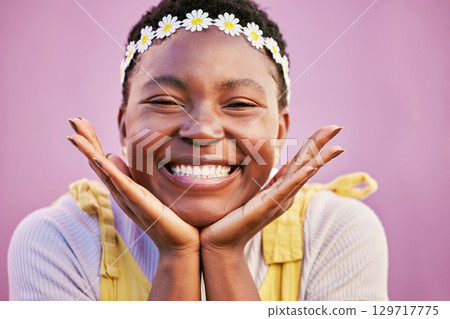 Happy, gen z and black woman student portrait with hippie daisy headband and optimistic smile. Happiness, youth and natural face of young girl in Los Angeles, USA at pink wall background. Happy, gen z and black woman student portrait with hippie daisy headband and optimistic smile. Happiness, youth and natural face of young girl in Los Angeles, USA at pink wall background. 129717775