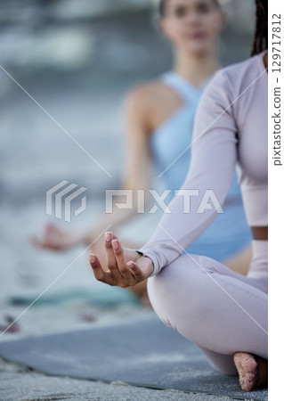 Yoga class, meditation and beach women or friends with calm, zen and peace for fitness, wellness and outdoor mental health. Diversity, spiritual and mindfulness people in pilates or meditate together Yoga class, meditation and beach women or friends with calm, zen and peace for fitness, wellness and outdoor mental health. Diversity, spiritual and mindfulness people in pilates or meditate together 129717812