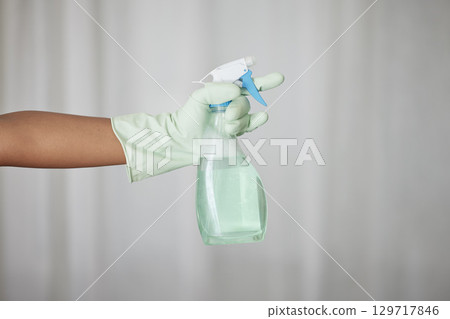Cleaning, chemical product and cleaner hand with glove, hygiene, house work and detergent spray bottle for spring cleaning. Disinfectant, housekeeping and maid, cleaning service mockup and janitor. Cleaning, chemical product and cleaner hand with glove, hygiene, house work and detergent spray bottle for spring cleaning. Disinfectant, housekeeping and maid, cleaning service mockup and janitor. 129717846