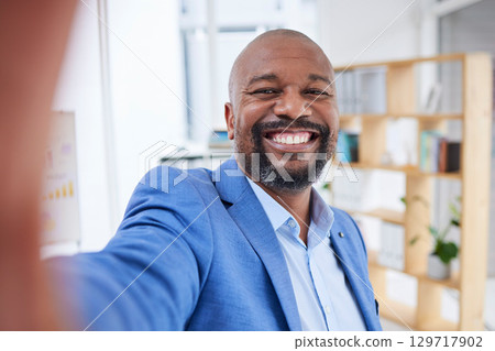 Office selfie, business and portrait of black man, ceo or company leader happy with financial sales profit. Work break, African and face of entrepreneur with smile for startup small business success Office selfie, business and portrait of black man, ceo or company leader happy with financial sales profit. Work break, African and face of entrepreneur with smile for startup small business success 129717902