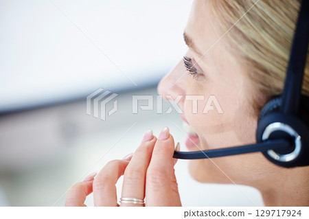 Call center, customer support and closeup of woman with microphone talking, speaking and helping client online. Telemarketing, customer service and female consultant with headset for crm company call Call center, customer support and closeup of woman with microphone talking, speaking and helping client online. Telemarketing, customer service and female consultant with headset for crm company call 129717924