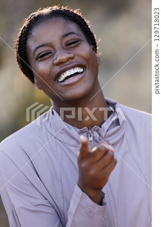 Black woman, fitness portrait and happy with exercise, running and body builder, training and healthy lifestyle. Athlete, happiness in sports and workout motivation with active wellness and cardio. 129718023