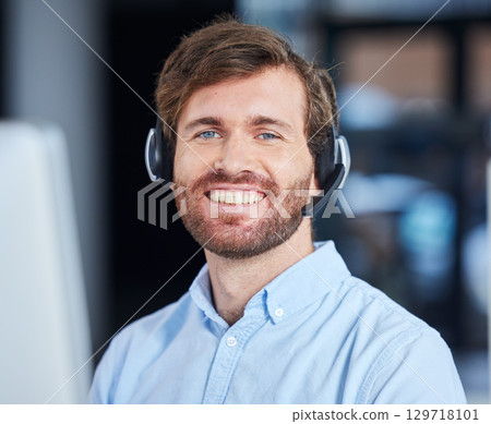CRM, happy customer service or consultant man with smile in office for success telemarketing or communication. Sales advisor, call center or portrait for contact us, consulting or customer support CRM, happy customer service or consultant man with smile in office for success telemarketing or communication. Sales advisor, call center or portrait for contact us, consulting or customer support 129718101