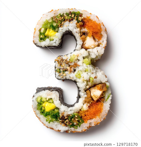 A creative and visually appealing image of the number 3 made entirely of sushi. Detailed texture of rice, fish roe, vegetables makes for vibrant and appetizing shot, perfect for restaurant promotions 129718170