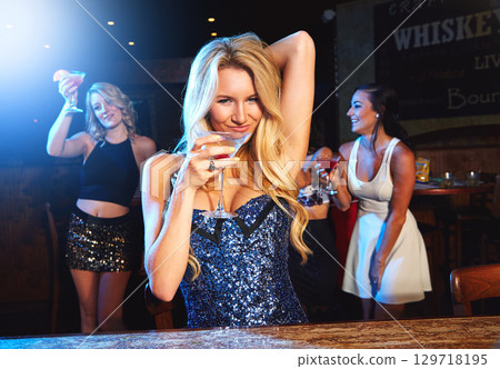 Cocktail, dance and friends with women at party in nightclub for disco, celebration and new year event. Music, energy and happy hour with portrait of girl and wine at bar for social, techno and rave Cocktail, dance and friends with women at party in nightclub for disco, celebration and new year event. Music, energy and happy hour with portrait of girl and wine at bar for social, techno and rave 129718195