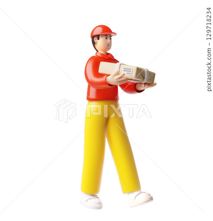 Delivery courier man holding parcel box, 3D vector cartoon postman in red uniform carrying package, logistic service Delivery courier man holding parcel box, 3D vector cartoon postman in red uniform carrying package, logistic service 129718234