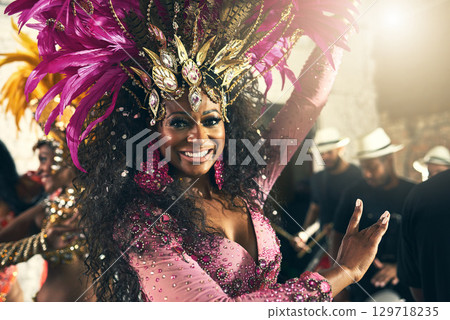 Party, dancing and portrait of samba dancer at carnival, festival and traditional celebration in Brazil. Culture, costume and face of black woman ready for dance, performance and music with band Party, dancing and portrait of samba dancer at carnival, festival and traditional celebration in Brazil. Culture, costume and face of black woman ready for dance, performance and music with band 129718235