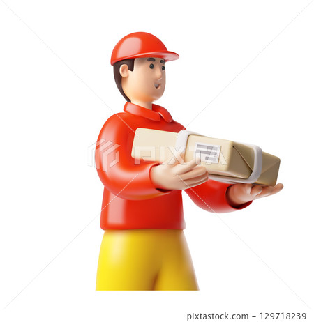 Delivery courier holding parcel box, 3D vector courier man in red uniform carrying package, postal and logistic service 129718239