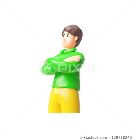 Brunette man standing arms crossed, 3D cartoon vector smiling guy character with brown hair wear green long sleeve 129718240
