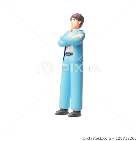Businessman in blue suit standing arms crossed, 3D cartoon vector office worker, manager, employee character full height 129718265
