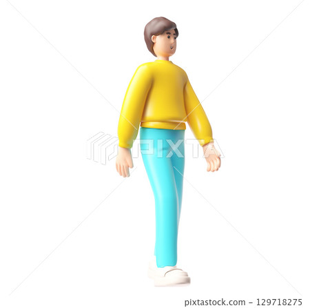Brunette man walking, 3D cartoon vector smiling guy character with brown hair wear yellow long sleeve goes somewhere Brunette man walking, 3D cartoon vector smiling guy character with brown hair wear yellow long sleeve goes somewhere 129718275