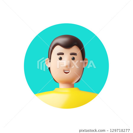 Brunette man 3D plastic style vector icon, smiling male with dark hair round portrait avatar, guy wear yellow t-shirt 129718277