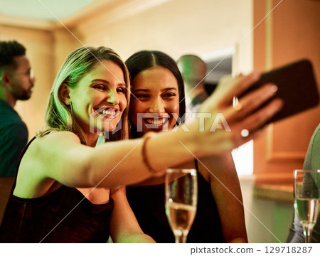 Party, phone or friends taking a selfie for social media content or to post happy profile pictures on ladies night. Event, girls or women take a photo with wine or champagne drinks for a celebration 129718287