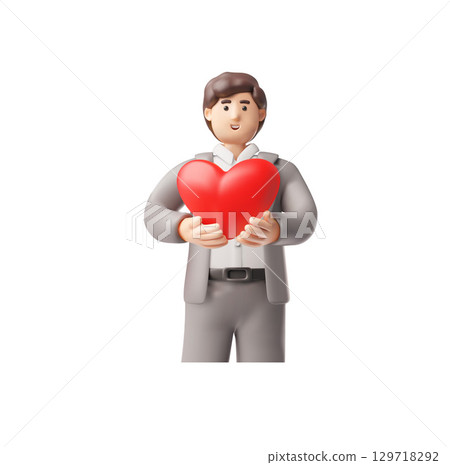 Romantic businessman in suit showing heart in hands, 3D vector cartoon office manager character in love, Valentine's Day 129718292