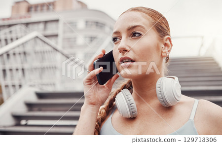 City, fitness and woman with phone call, communication and talking after exercise on stairs. Health, workout and personal trainer on smartphone, conversation and connect or network in sports training City, fitness and woman with phone call, communication and talking after exercise on stairs. Health, workout and personal trainer on smartphone, conversation and connect or network in sports training 129718306