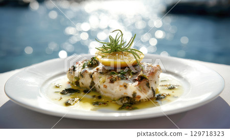 A pan-seared white fish fillet, topped with a slice of lemon, fresh herbs, sits in a rich butter sauce. The meal is presented on white plate with sea background, perfect for luxurious, seaside dinner 129718323