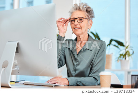 Computer email, reading and business woman networking, working reception and corporate research on the internet. Company receptionist, online planning and senior worker typing information on a pc 129718324