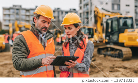 Two engineers in protective gear and helmets, man, woman, are working together at a construction site, reviewing a digital plan on tablet. Themes of teamwork, professionalism, use of modern technology 129718325