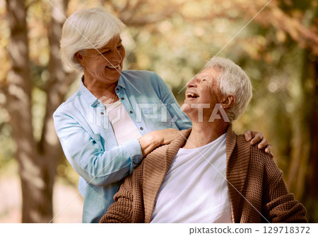 Laugh, love and senior couple bond in house garden, nature park or home backyard in trust, security or future support. Happy smile, retirement life and elderly man in Germany with woman outdoor 129718372