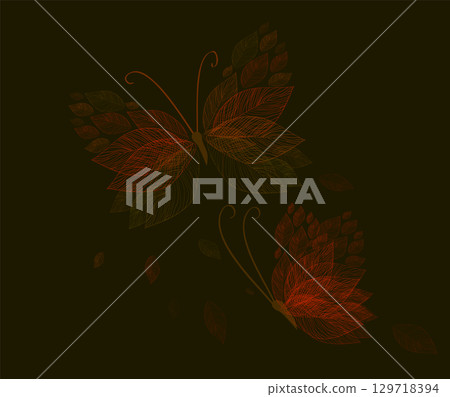 Autumn leaf butterfly. hand drawn. Not AI, Vector illustration 129718394