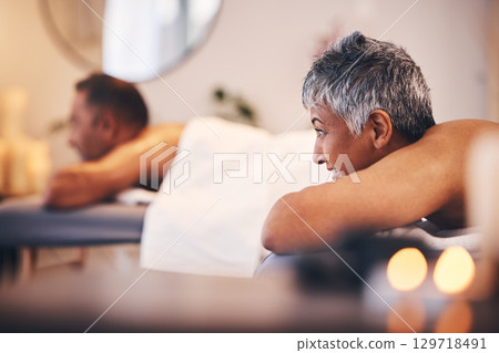 Senior woman, spa and man on massage bed with happiness, peace and relax for health getaway. Couple, wellness and physical therapy in salon, holistic body treatment and blurred background in Jakarta Senior woman, spa and man on massage bed with happiness, peace and relax for health getaway. Couple, wellness and physical therapy in salon, holistic body treatment and blurred background in Jakarta 129718491