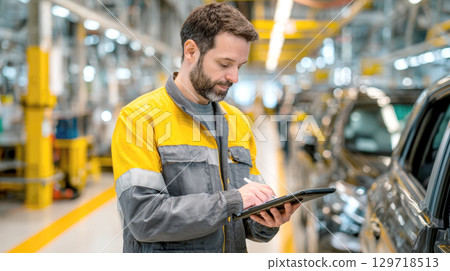 A male quality control specialist in factory uniform uses tablet to inspect vehicles on assembly line. Themes of role of technology, meticulous checks in automotive manufacturing, quality assurance A male quality control specialist in factory uniform uses tablet to inspect vehicles on assembly line. Themes of role of technology, meticulous checks in automotive manufacturing, quality assurance 129718513