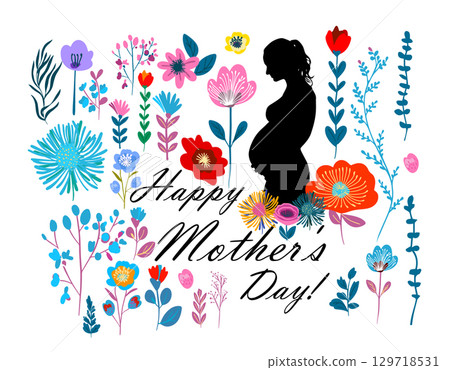 Happy Mother's Day card. Silhouette of a pregnant woman with flowers abstract. Stock vector illustration. hand drawn. Not AI. 129718531