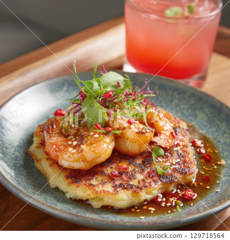 Gourmet seafood appetizer: a beautifully plated dish featuring pan-seared shrimp served on a crispy potato pancake, garnished with fresh herbs, chili, and sesame seeds 129718564