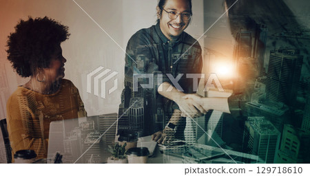 Business people, handshake and meeting in office with overlay with onboarding, welcome and agreement. Corporate group, shaking hands and thank you for b2b solution with laptop, smile and diversity Business people, handshake and meeting in office with overlay with onboarding, welcome and agreement. Corporate group, shaking hands and thank you for b2b solution with laptop, smile and diversity 129718610