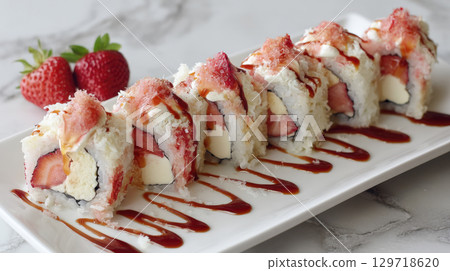 A unique sweet sushi roll, made with strawberries, cream cheese, and a sweet topping. The dish is presented on a white plate with decorative sauce, offering a modern and innovative take on dessert. 129718620