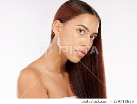 Woman, skincare and cosmetics face beauty with a healthy natural glow, skin healthcare mockup and close up on white studio background. Portrait of wellness model, organic facial spa and clean hygiene Woman, skincare and cosmetics face beauty with a healthy natural glow, skin healthcare mockup and close up on white studio background. Portrait of wellness model, organic facial spa and clean hygiene 129718639