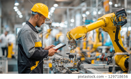 Engineer in yellow hard hat, uniform operates robotic arm with tablet in high-tech factory, symbolizing advanced manufacturing, industry 4.0. Fusion of human skill, robotics for efficient production 129718656