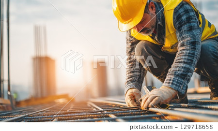 Construction worker expertly ties rebar on a building site. Image, with warm, backlit sunrise, symbolizes hard work, safety, foundation of progress in construction industry, infrastructure development 129718658