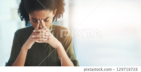 Mockup, business and black woman with stress, depression and mental health with burnout, overworked and deadline. Corporate, female employee and leader with headache, anxiety and schedule in office 129718728