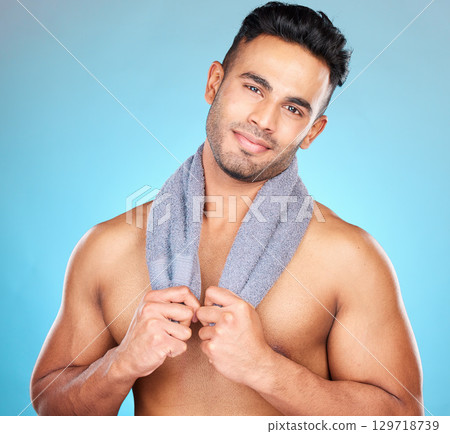 Man, smile and skincare portrait for beauty wellness, cosmetics facial care or body glow in studio. Happy model, skin dermatology and happiness for spa cosmetology or healthy grooming hygiene Man, smile and skincare portrait for beauty wellness, cosmetics facial care or body glow in studio. Happy model, skin dermatology and happiness for spa cosmetology or healthy grooming hygiene 129718739
