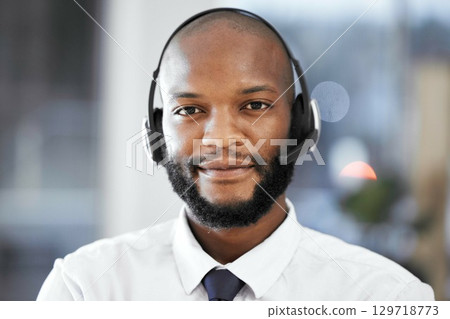 Customer support consulting, face portrait and black man telemarketing on contact us call center. Receptionist telecom, e commerce CRM or information technology consultant on microphone communication Customer support consulting, face portrait and black man telemarketing on contact us call center. Receptionist telecom, e commerce CRM or information technology consultant on microphone communication 129718773