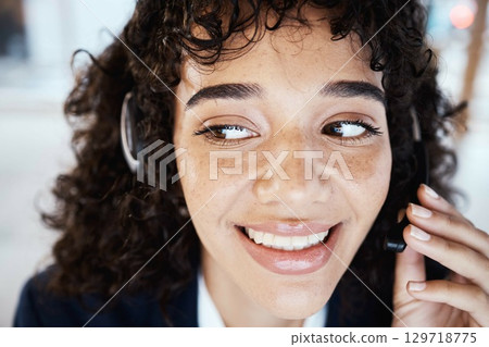 Customer support face, happy consultant or woman telemarketing, consulting or contact us CRM. Call center telecom, online e commerce or information technology consultation on microphone communication 129718775