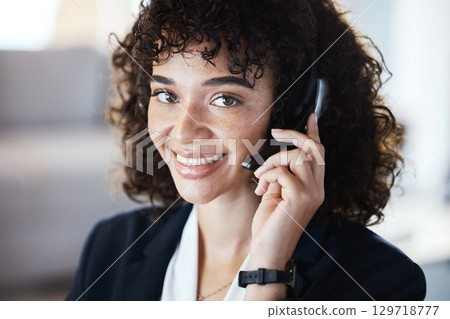 Customer support consulting, face portrait or happy woman telemarketing on contact us call center. Receptionist telecom, ecommerce CRM or information technology consultant on microphone communication 129718777