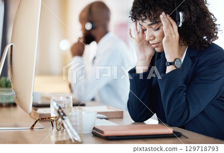 Mental health, depression and businesswoman or call center agent frustrated and sad in an office. Headache, pain and nausea by customer service worker, employee or consultant feeling depressed Mental health, depression and businesswoman or call center agent frustrated and sad in an office. Headache, pain and nausea by customer service worker, employee or consultant feeling depressed 129718793
