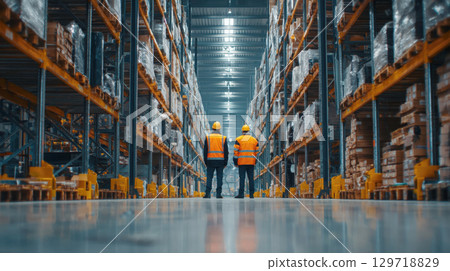 Two employees in reflective safety vests and helmets walk down an aisle in a huge warehouse, surrounded by tall shelves of goods. They are working in the logistics and distribution industry 129718829