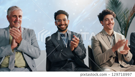 Conference, business men and applause for celebration, well done and thank you. Seminar, happy group and clapping for presentation, praise and public speaking with success for goal achievement Conference, business men and applause for celebration, well done and thank you. Seminar, happy group and clapping for presentation, praise and public speaking with success for goal achievement 129718997