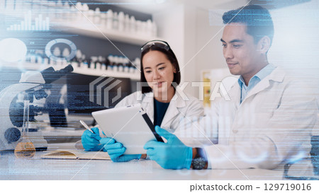 Science, tablet and people in data research overlay of pharmaceutical, future or software innovation in laboratory team collaboration. Digital graphic, biotechnology expert and data analytics design 129719016