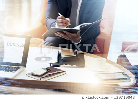 Business meeting, writing and business people on laptop with mockup screen in office for planning, finance and discussion. Business, team and digital marketing meeting with space for online strategy 129719048