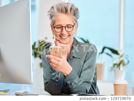 Senior business woman, ceo with smartphone for company communication, technology and email check. Mature executive with cellphone, smile at social media post and manager online with 5g network. 129719078