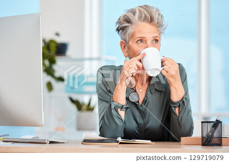 Ceo, vision and coffee with a businesswoman enjoying a cup of tea while thinking of innnovative ideas. Mature executive, drink caffeine and inspired with creative professional ideas for innovation 129719079