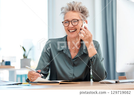 Business woman, phone call and conversation for connection, smile and in office. Senior, female entrepreneur and lady with smartphone, talking and chatting with notebook, pc and in workplace. Business woman, phone call and conversation for connection, smile and in office. Senior, female entrepreneur and lady with smartphone, talking and chatting with notebook, pc and in workplace. 129719082